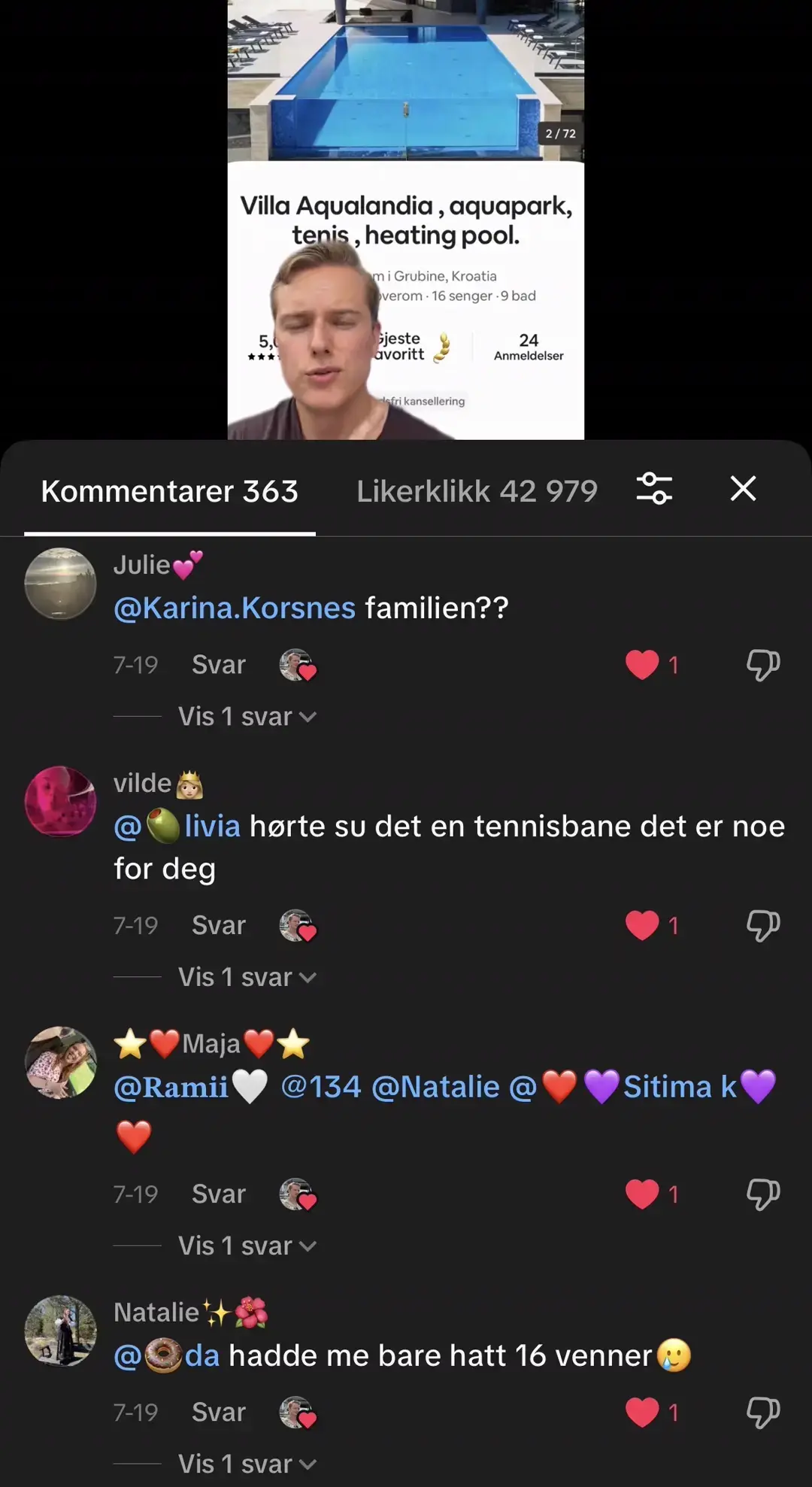 Skjermbilde av kommentarfeltet under videoen, som viser seere som tagger venner